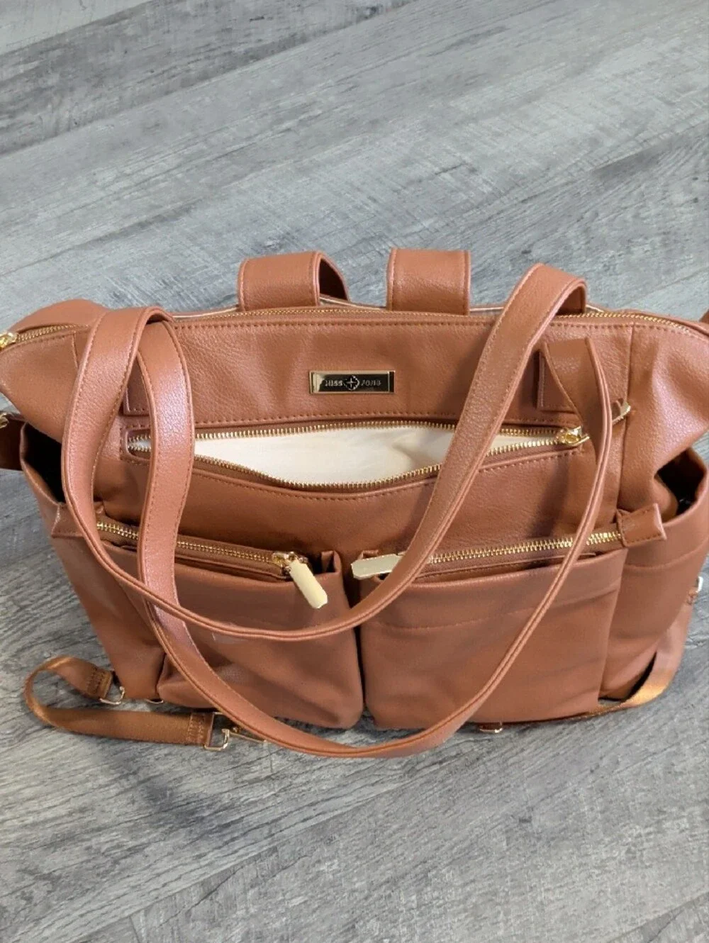Tan Vegan Leather Baby Diaper Bag Tote Backpack with Multiple Front Pockets